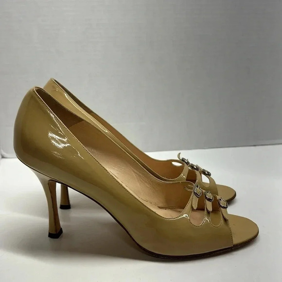 Manolo Blahnik High Heel Shoes Patent Leather Open Toe 3 Buckle Tan Nude Size 40 - Picture 8 of 12